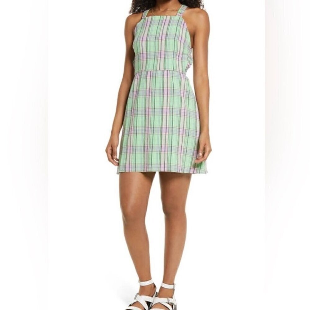 NEW Print Square Neck Cotton Minidress in Green Multi Twill Plaid - Size Small